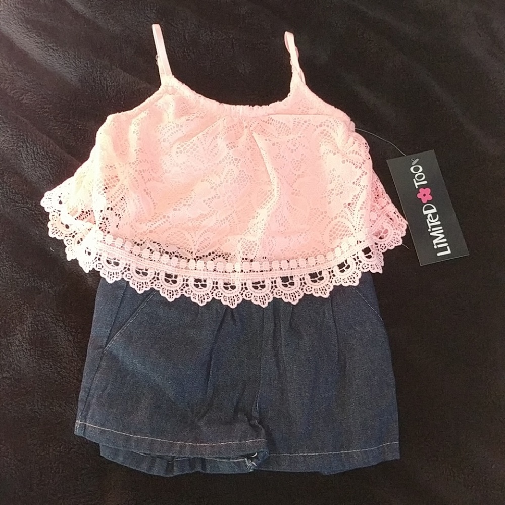 baby girls pink lace and Jean romper